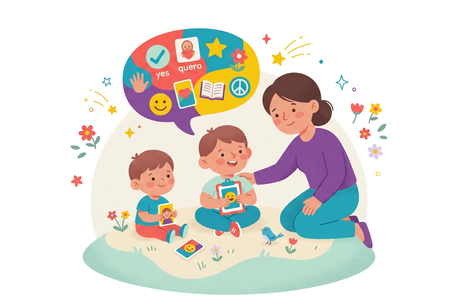 Educadora e duas crianças se comunicando com cartões de Comunicação Alternativa, um balão de fala cheio de pictogramas